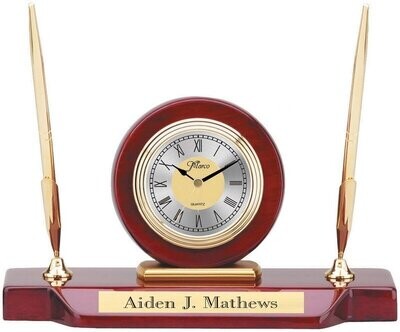 Rosewood Piano Finish Desk Clock with 2 Gold Pens, White Face Clock