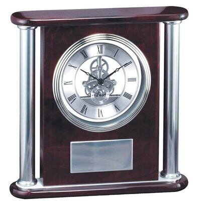 ​Rosewood Piano Finish Clock Silver Skeleton Face with Aluminum Accents