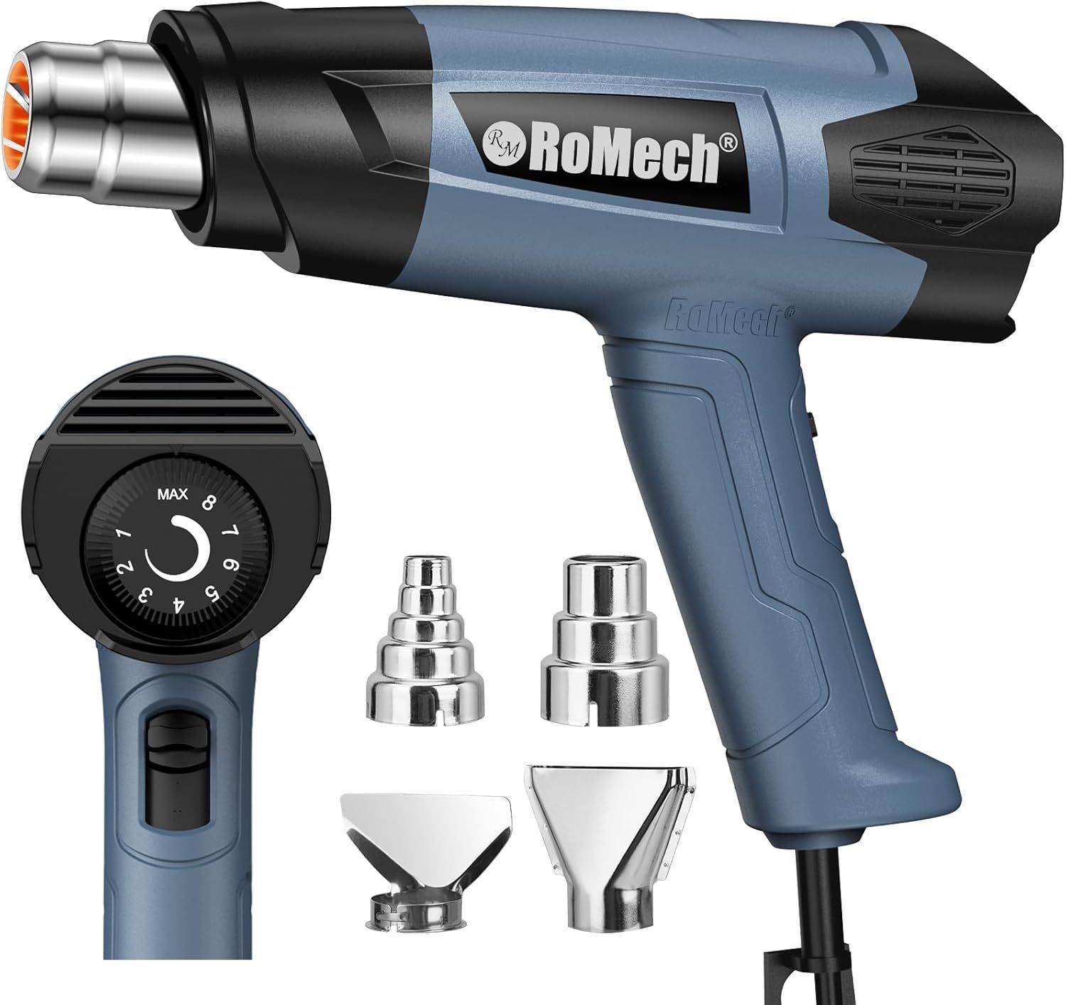 WINDOW TINTING ROMECH 1500W Heavy Duty Heat Gun, Variable Temperature Control Hot Air Gun Kit with 2 Air Flow 120°F~1200°F and 4 Nozzles for Crafts Shrink Wrap