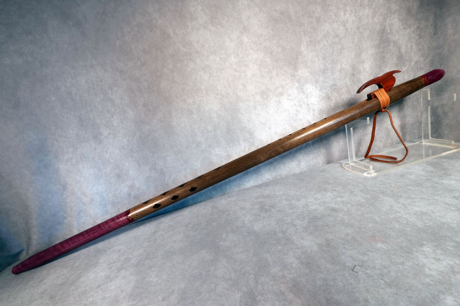 Kodiak Flute: Unique Walking Stick Native American Style Flute; Tropical Walnut and Purple Heart body, Padauk Totem. 44inch Long. Kodiak Flute: Unique Walking Stick Native American Style Flute; Tropical Walnut and Purple Heart body, Padauk Totem. 44inch Long.