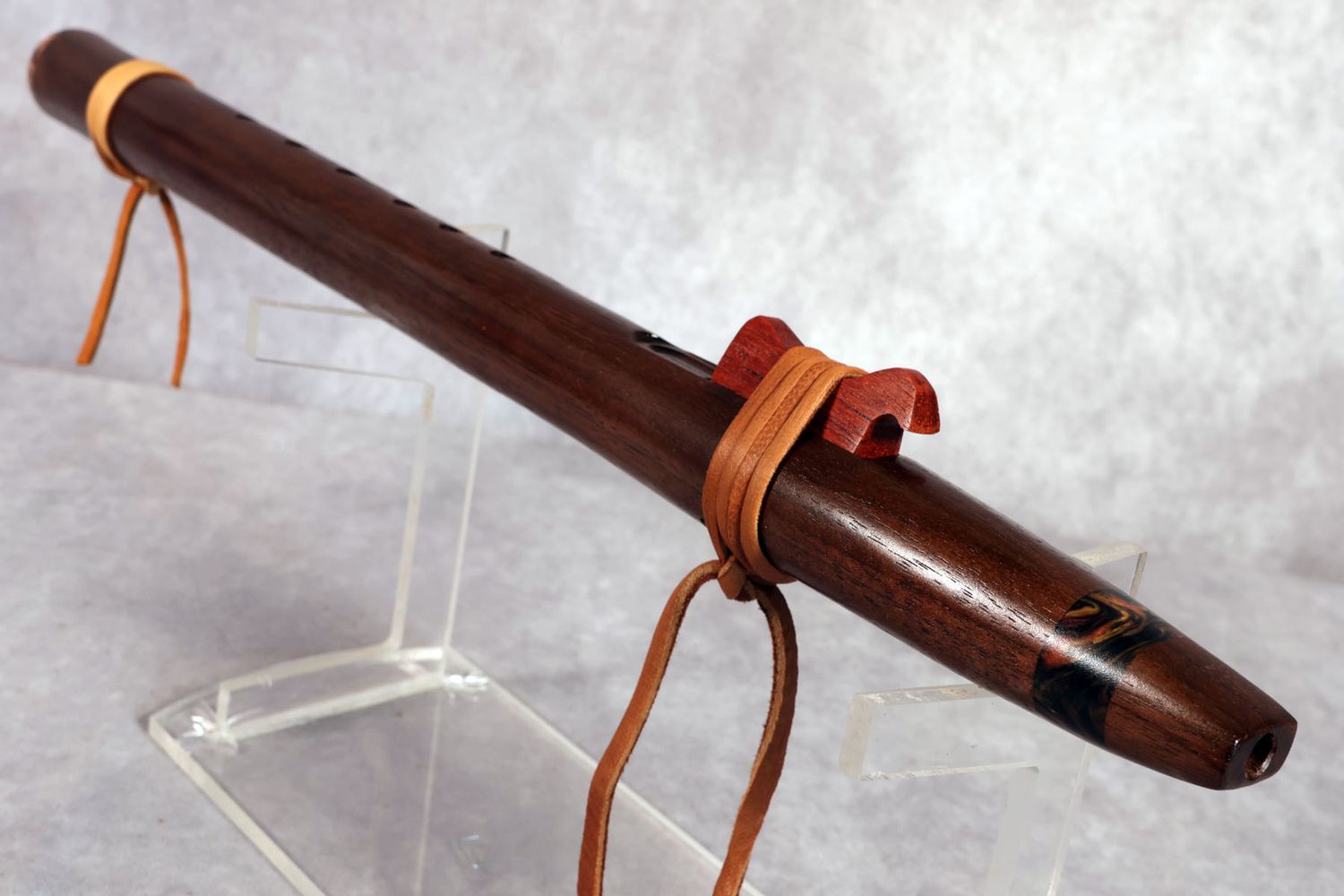 Kodiak Flute: Beautiful Exotic Tropical Walnut Native American Style Flute; Key of A - 19 inch. Long with a 7/8 Bore. Custom Acrylic Accents and Tru-Stone Custom Totem (Bloodwood) Kodiak Flute: Beautiful Exotic Tropical Walnut Native American Style Flute; Key of A - 19 inch. Long with a 7/8 Bore. Custom Acrylic Accents and Tru-Stone Custom Totem (Bloodwood)