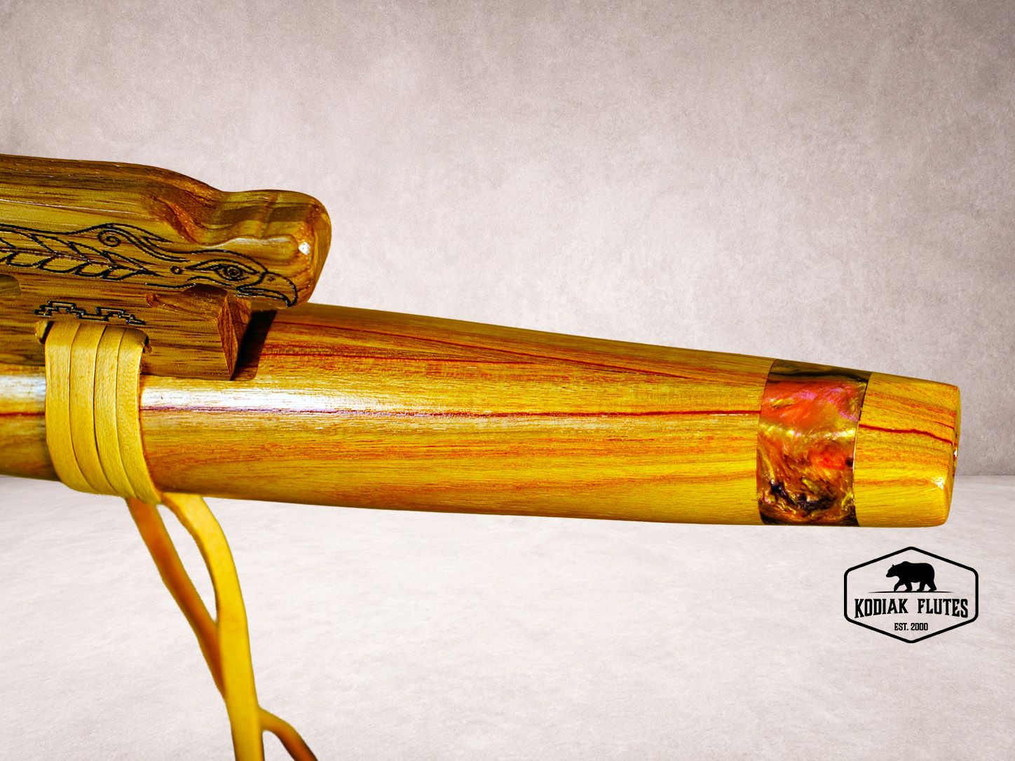 Kodiak Flute: Beautiful Custom Elite Line Native American Style Flute - Exotic Canary Wood. Acrylic Inserts, Beli & Walnut Totem F# 24"