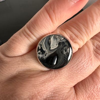 Black and Grey Ring with Black Obsidian