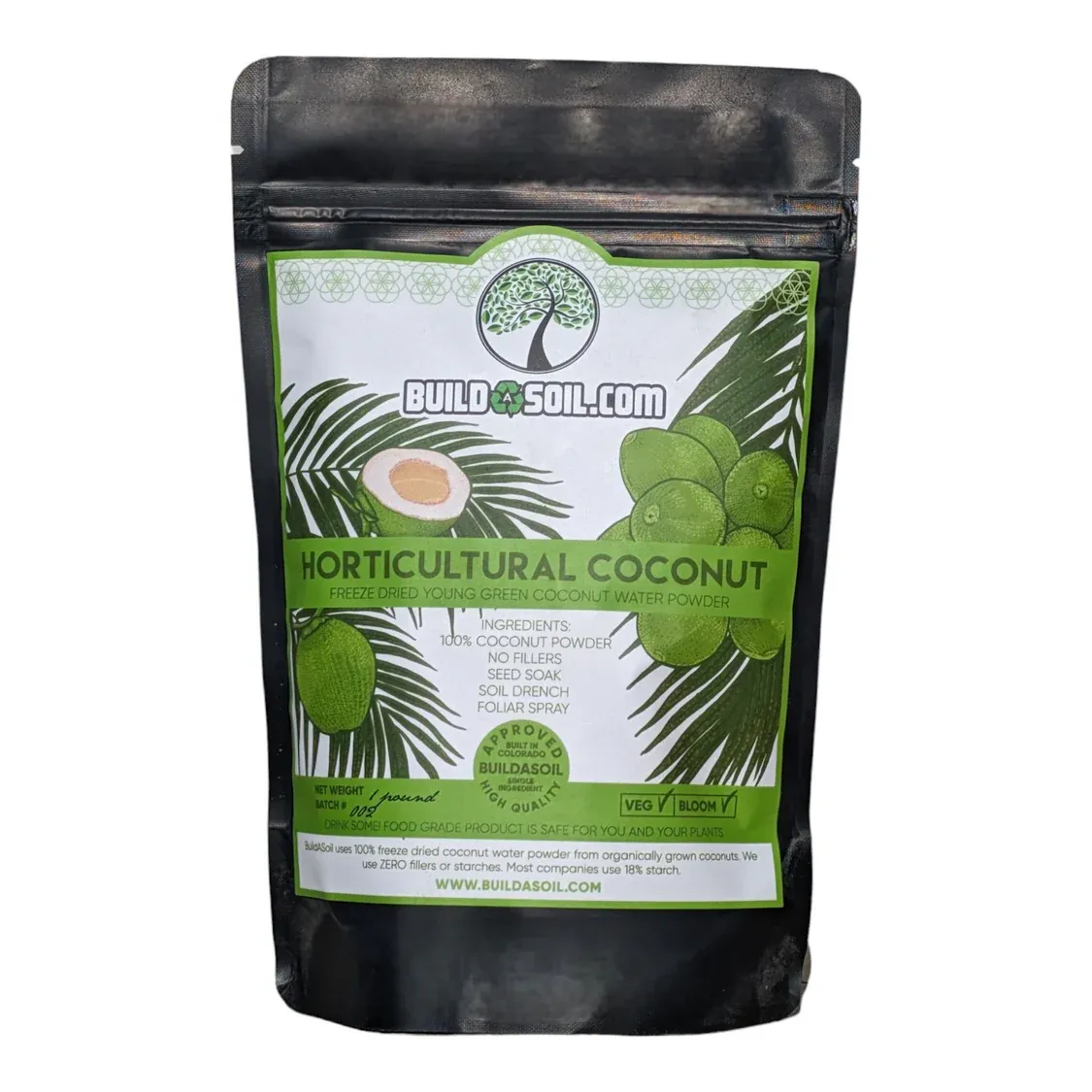 BuildASoil Coconut Raw Freeze Dried Water Powder, Organic, 1 lb