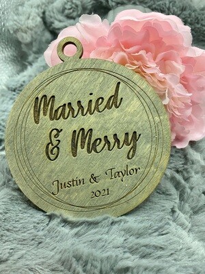 Married &amp; Merry Wood Ornament