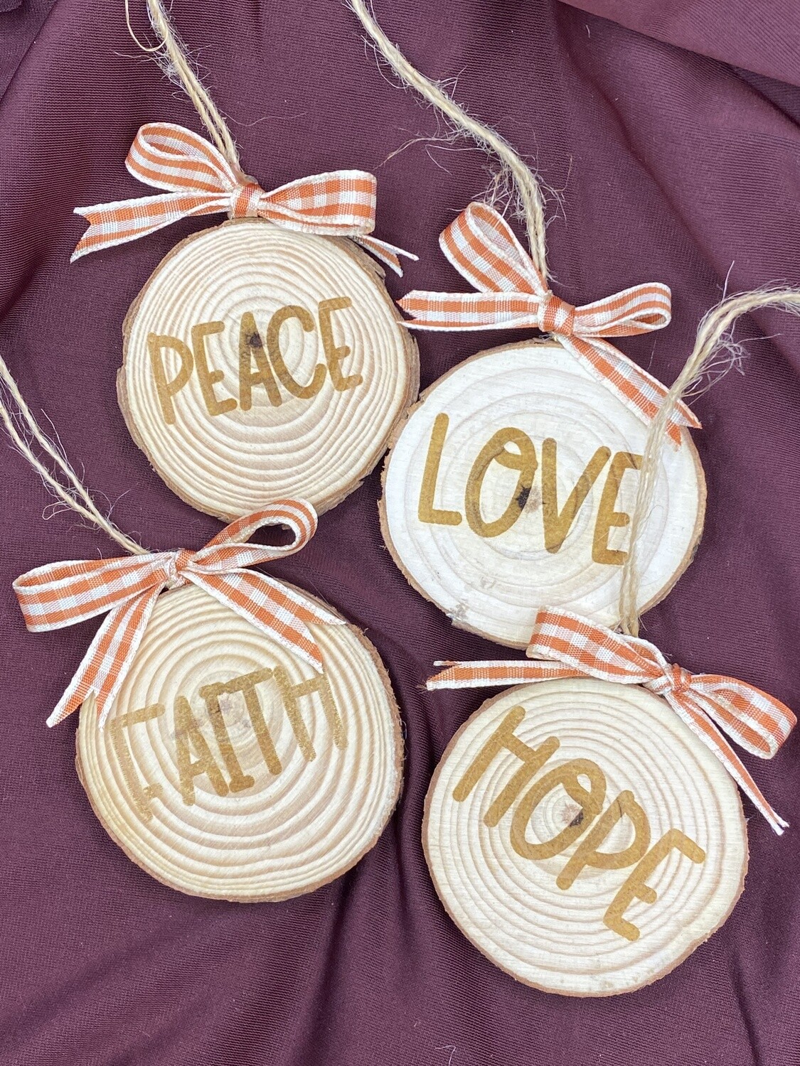 Wood Slice Ornaments-Red Checked Ribbon