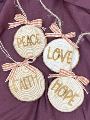 Wood Slice Ornaments-Red Checked Ribbon