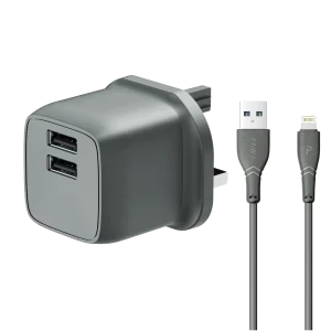 PAWA PocketMini Dual USB Travel Charger UK With USB-A to Micro Cable to type-c and Lighting