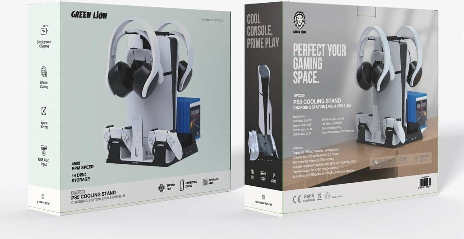 Green Lion PS5 Cooling Stand Charging Station - White