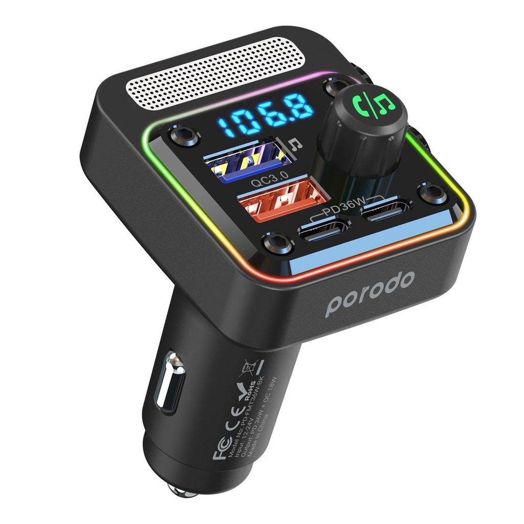 Porodo Quick-Charge FM Car Charger ( Dual USB-C &amp; USB-A ) PD 36W - Black