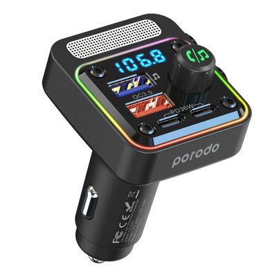Porodo Quick-Charge FM Car Charger ( Dual USB-C &amp; USB-A ) PD 36W - Black