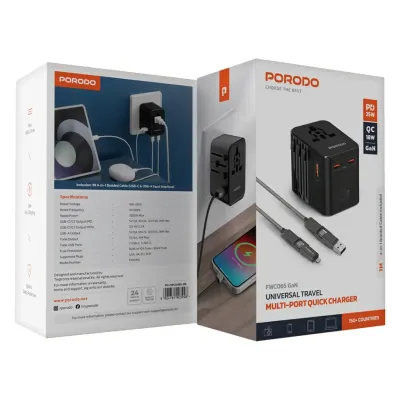 Porodo PD 25W Universal Travel Multi-Port Quick Charger – Black شاحن برودو