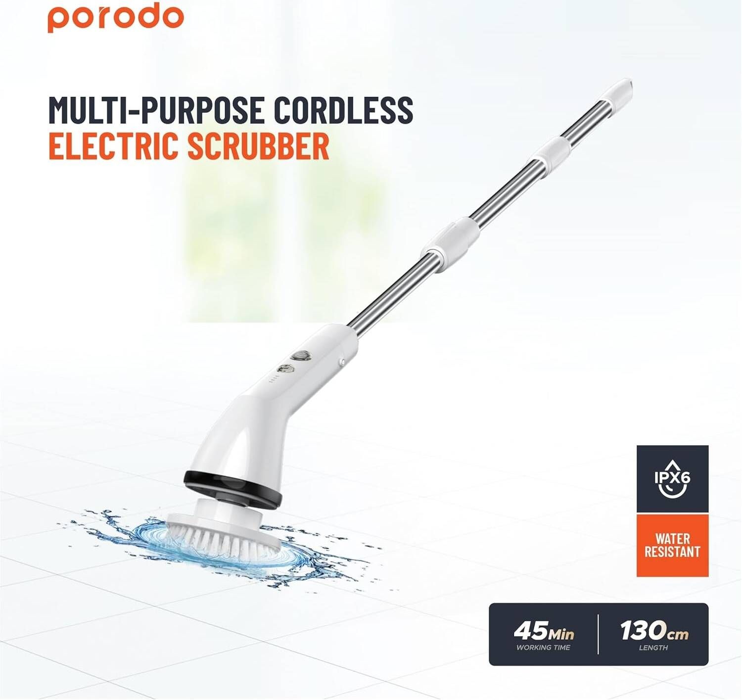 Porodo Lifestyle IPX6 Electric Spin Scrubber Cleaning Kit 7-in-1 – White  طقم التنظيف الكهربائي