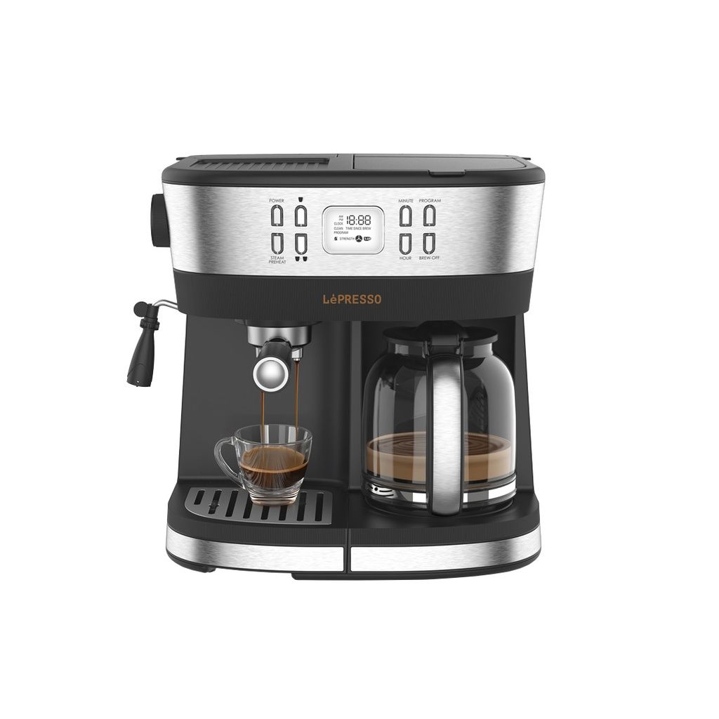 LePresso Dual Brew Drip Coffee &amp; Espresso Machine – Milk Steamer + Flow Meter ماكينة قهوة