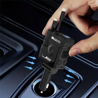 Porodo 4in1 Retractable Car Charger with Collapsible Lightning Head &amp; Type-C  - Black