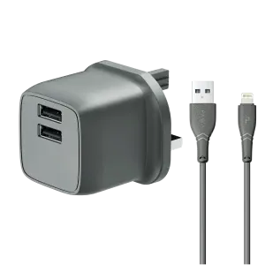 PAWA PocketMini Dual USB Travel Charger UK With USB-A to Micro Cable to type-c and Lighting