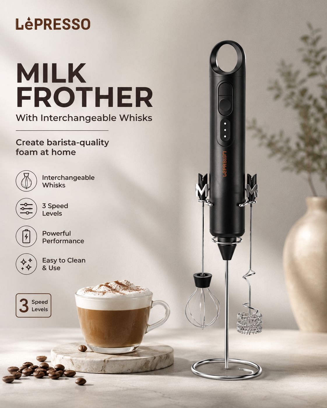LePresso 3-in-1 Milk Frother with Interchangeable Whisks – Black خافق الحليب