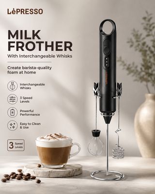 LePresso 3-in-1 Milk Frother with Interchangeable Whisks – Black خافق الحليب