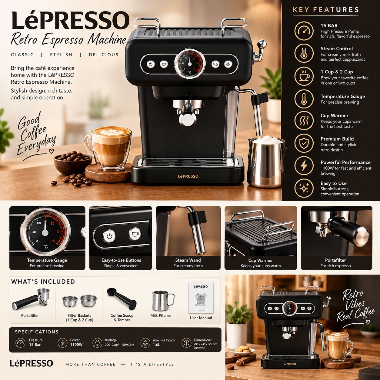 LePresso-Espresso Machine -Boiler Cauge-Milk Steamer- Black 