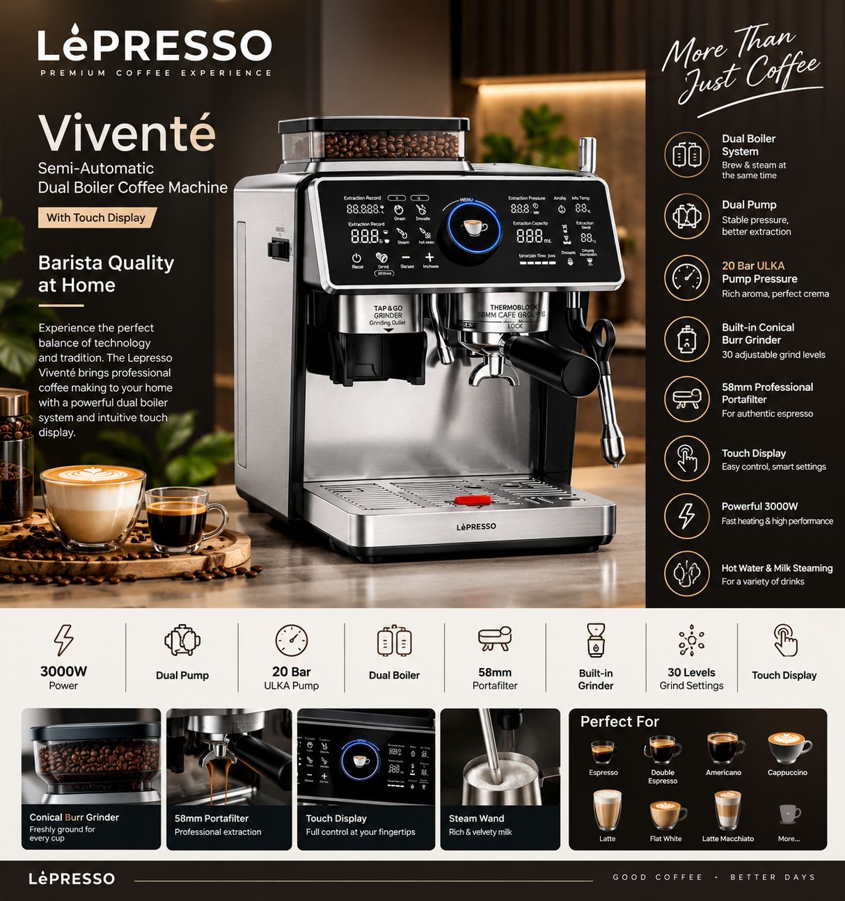 Lepresso Vivente Semi-Automatic Dual Boiler Coffee Machine with Touch Display-Silver 