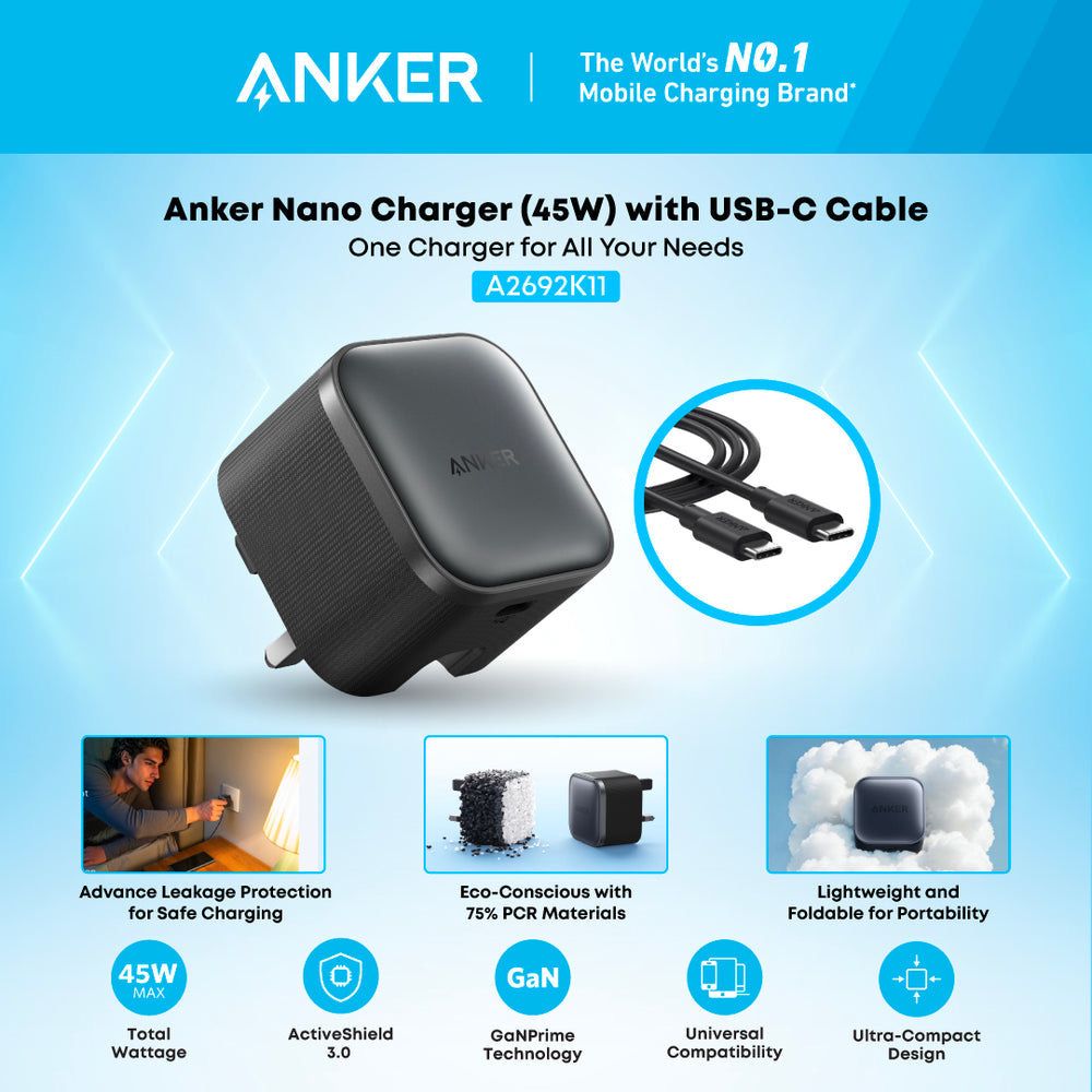 Anker Nano Charger (45W) bundled with a USB-C to USB-C cable