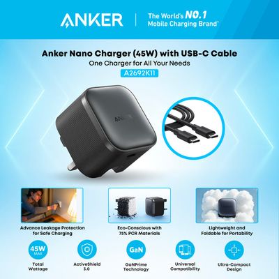 Anker Nano Charger (45W) bundled with a USB-C to USB-C cable