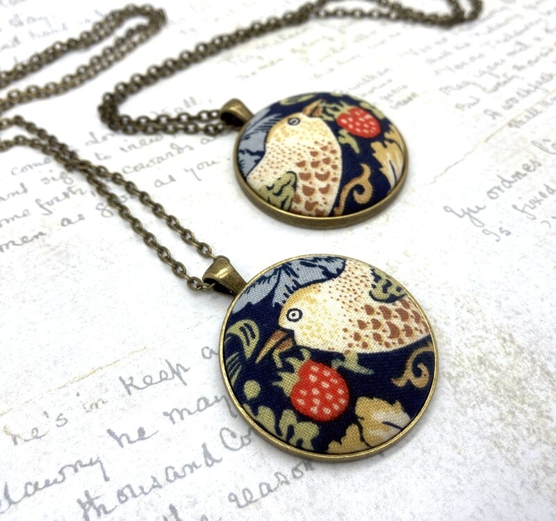 Strawberry Thief fabric button pendant William Morris style