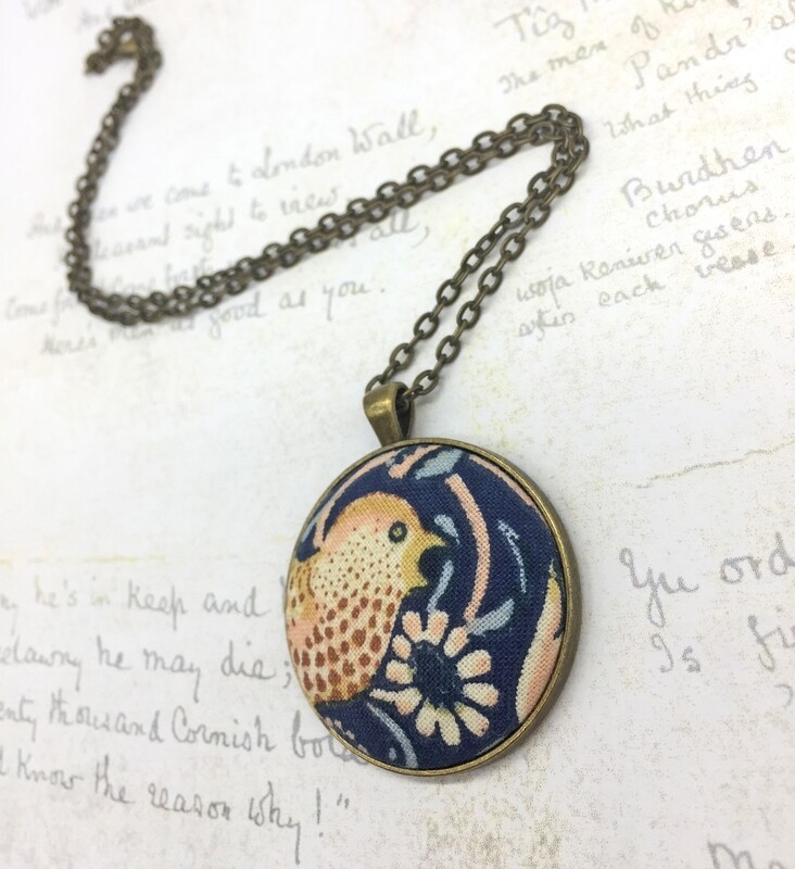 Strawberry Thief fabric button pendant Blue - singing thrush