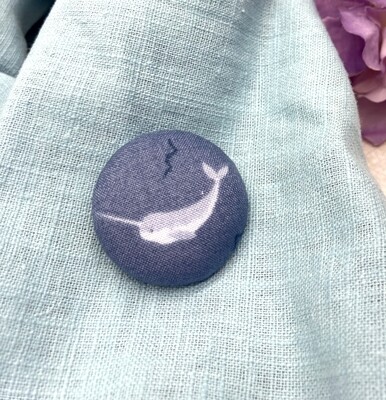 Narwhal whale fabric button brooch