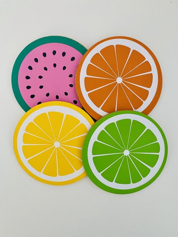 Kork Untersetzer, Früchte, Wassermelone, Zitrone, Limette, Orange, 4er Set