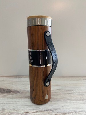 Insulated Teak Wood Bottle with Strap + Strainer, 20 oz 
