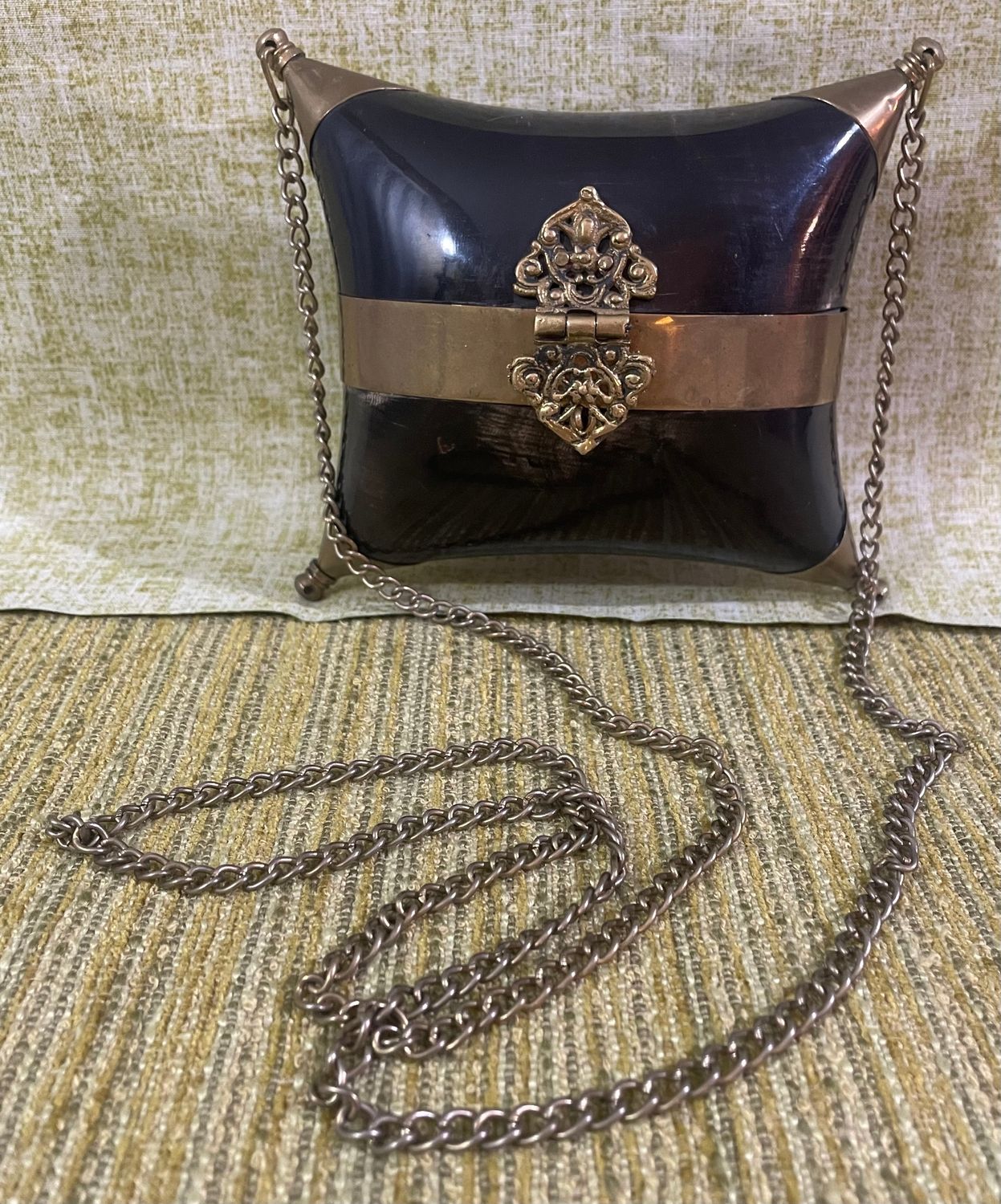 Lovely Vintage 1930s Cushion Shaped Horn and Brass Minaudière