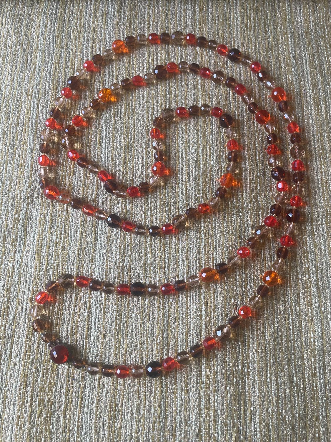 Long 27&quot; Vintage Glass Bead Necklace Made In Germany in Orange and Brown Hues