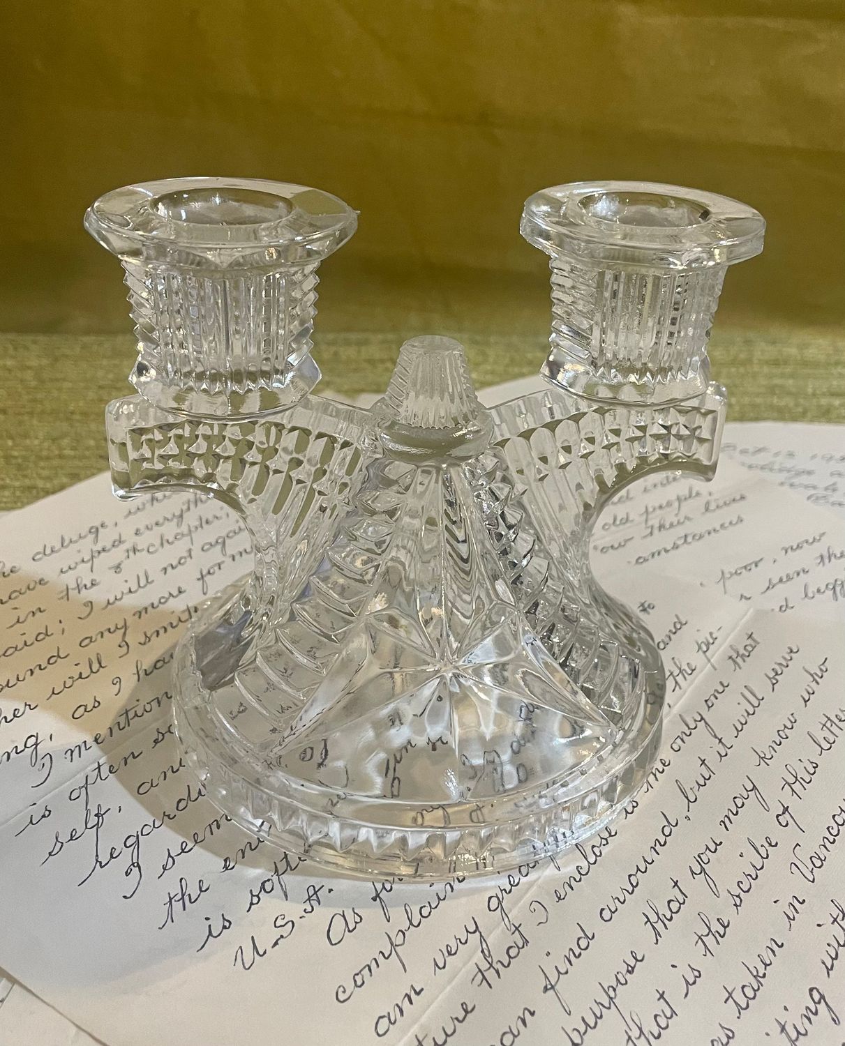 Vintage Clear Pressed Glass Double Candlestick Holder in Federal Wigwam Pattern