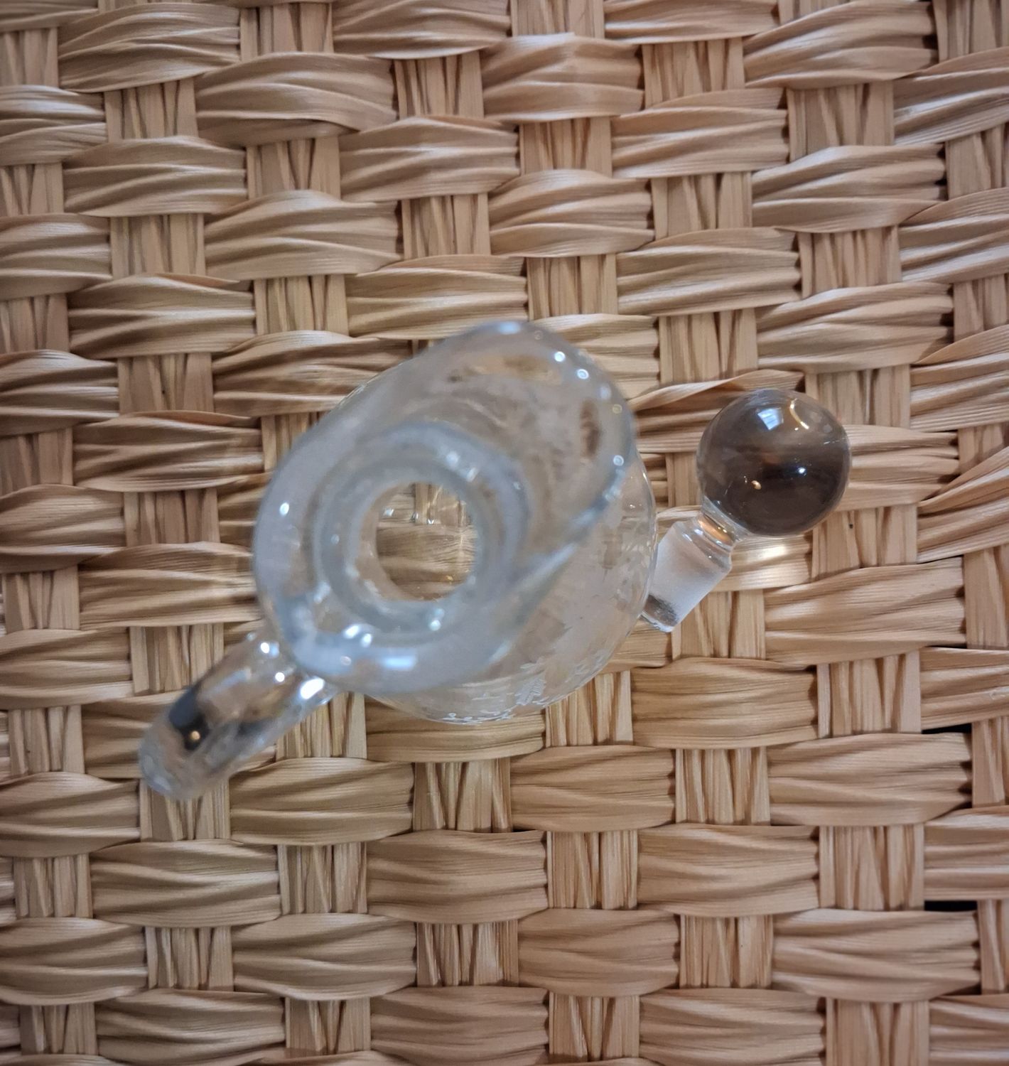 Antique Etched Glass Cruet with Floral Pattern and Ball Stopper 6"x3"