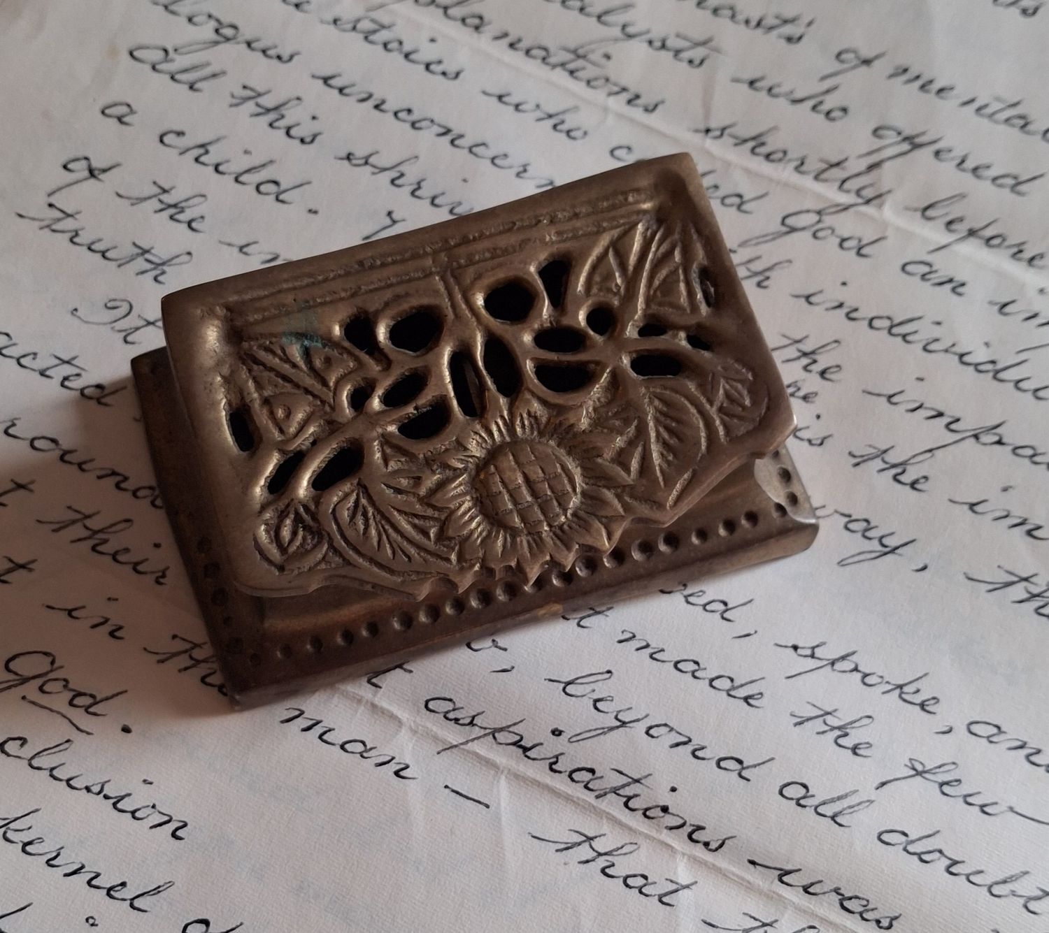 Vintage Brass Art Nouveau Stamp Box with Sunflower Motif 3"x1.75"