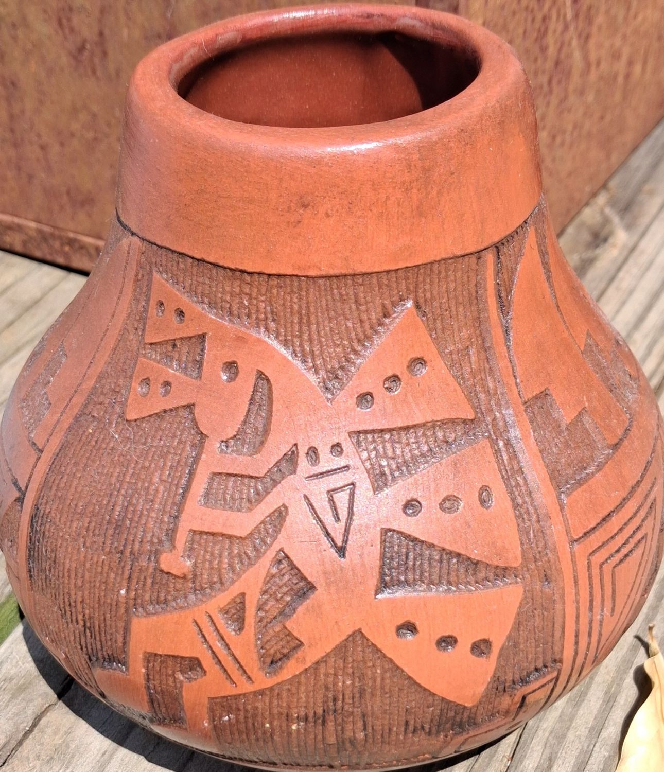 T.C. Navajo Native American Pottery Redware Sgraffito of a Kokopelli Figure Jar