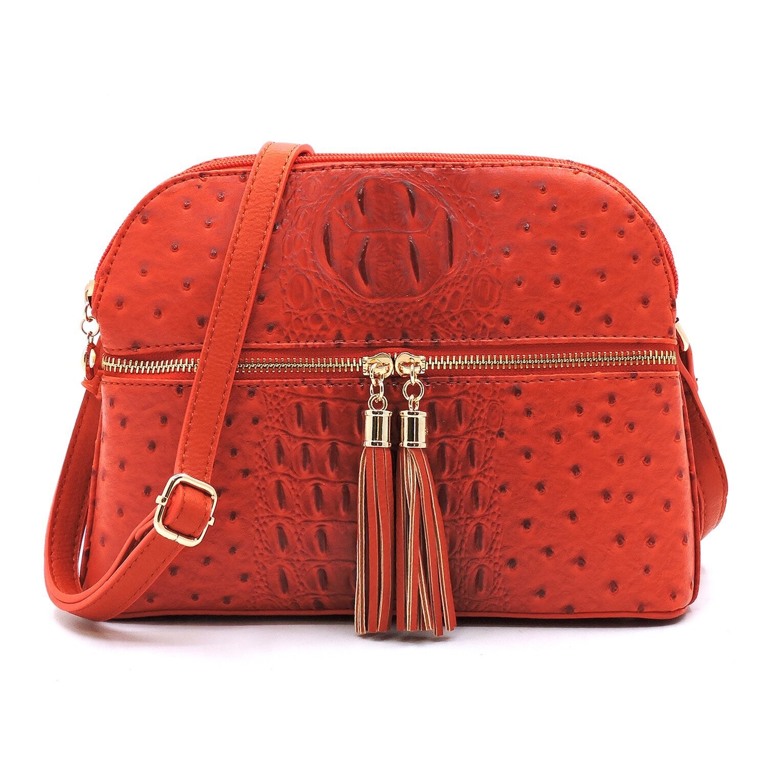 LONDON FOG Scarlet Red Faux Ostrich Handbag with Crossbody