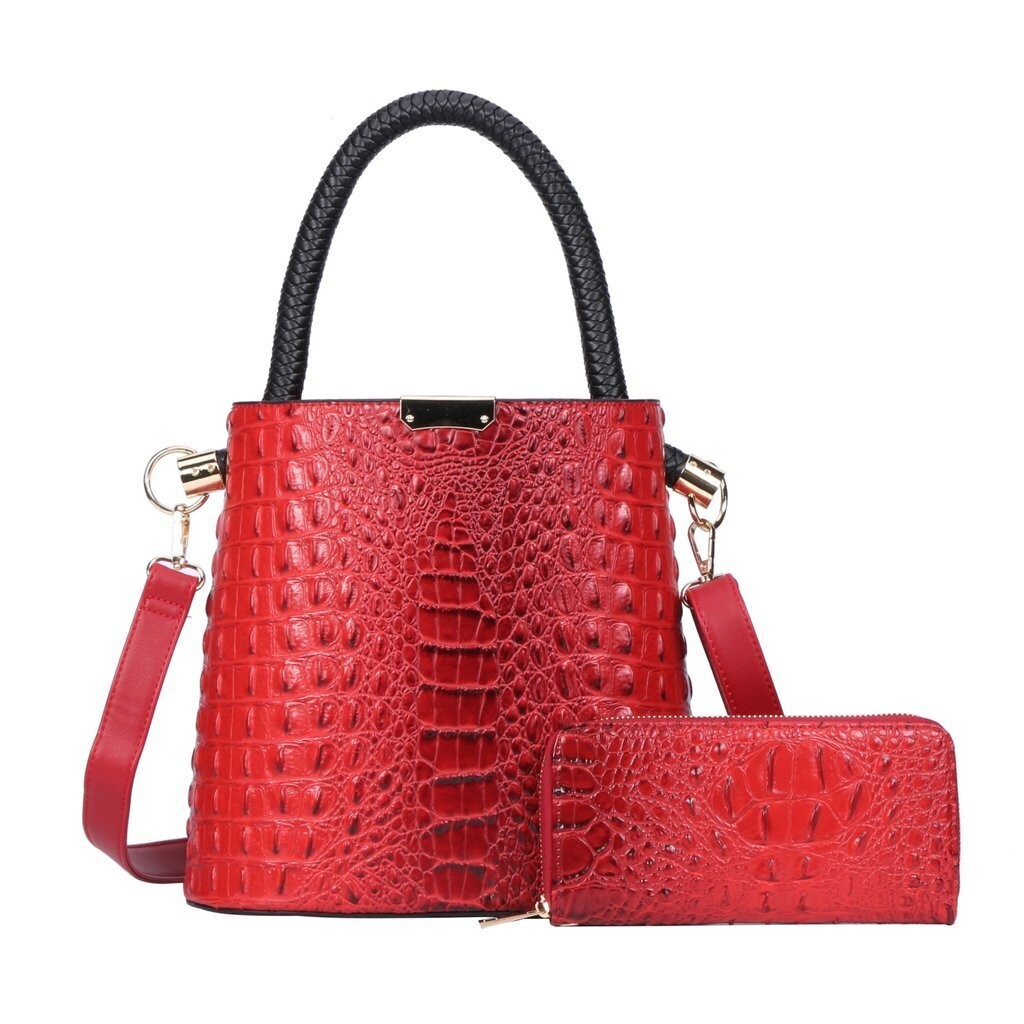 Love Tree Red - 2 in 1  Alligator Skin Bucket Satchel & Wallet Set