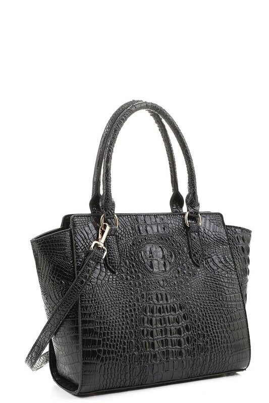 CONQUER BLACK CROC ALLIGATOR TOP HANDLE SATCHEL