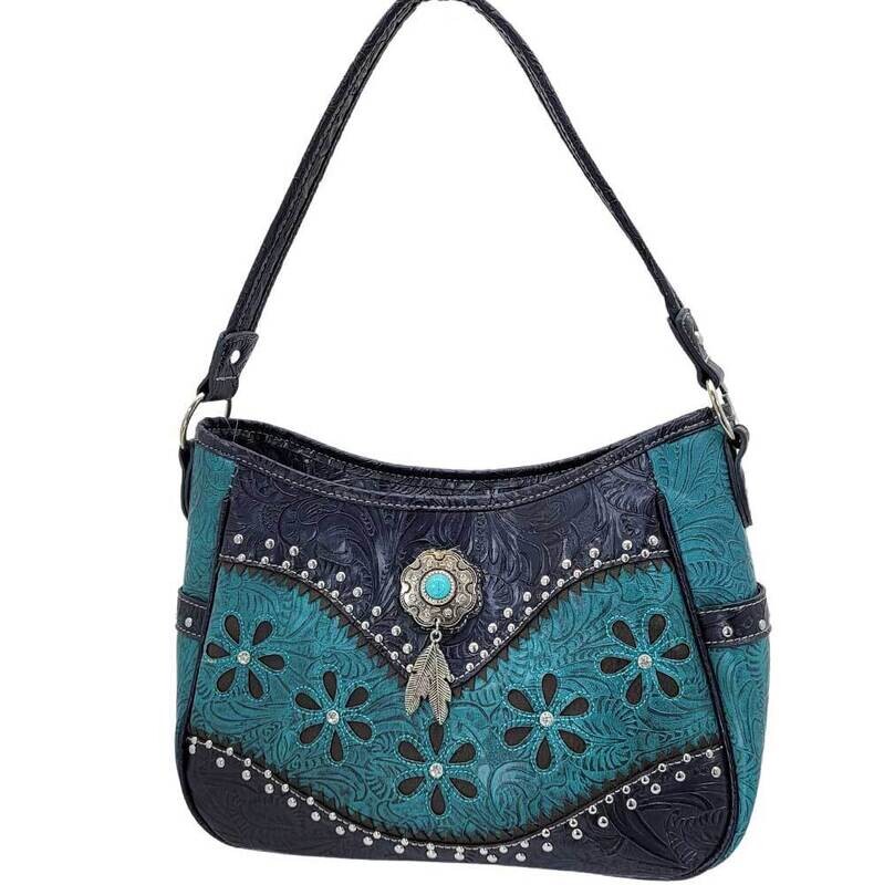 CONCEALED & PROTECTED TURQ WESTERN RHINESTONE CONCEALED CARRY SATCHEL