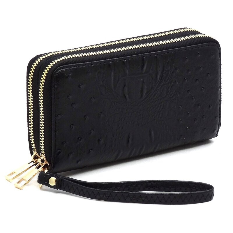 BLESSINGS WALLET WRISTLET OSTRICH CROC DOUBLE ZIP AROUND BLACK