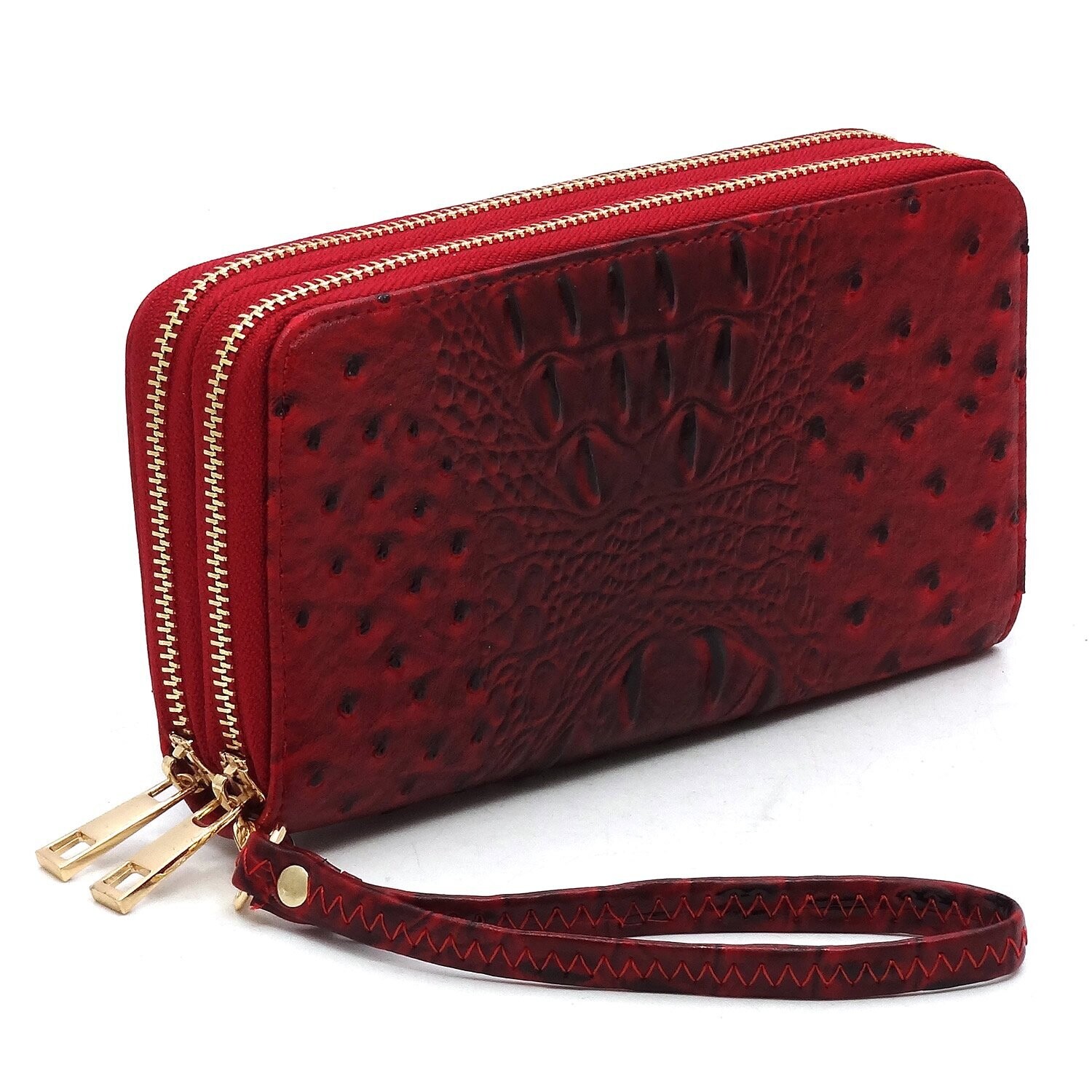 BLESSINGS WALLET WRISTLET OSTRICH CROC DOUBLE ZIP AROUND RED