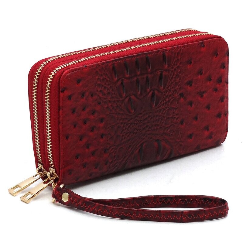 BLESSINGS WALLET WRISTLET OSTRICH CROC DOUBLE ZIP AROUND RED
