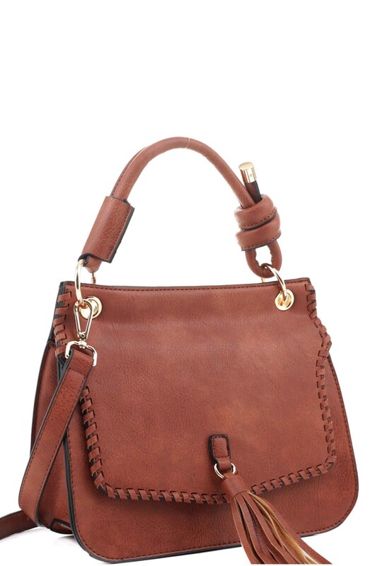 *****MARK DOWN*****OMPHILE BROWN Tassel Accent Whipstitched 2-Way Flap Satchel