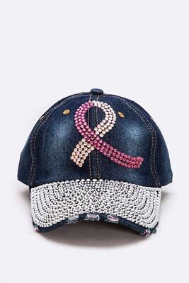 BLING HAT Pink Ribbon Crystal Cap DENIM