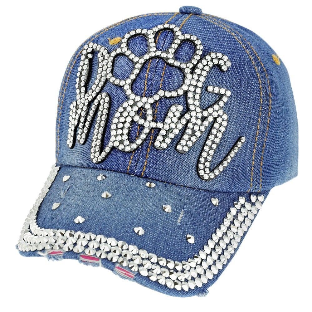 BLING FASHIONABLE DOG MOM WITH DOG PAW RHINESTONE DISTRESSED DENIM BASEBALL CAP