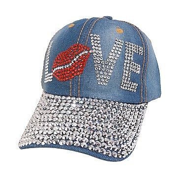 BLING "Love" with Lip Stoned on Distressed Denim Cap