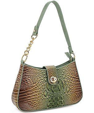 Lady Vi- Green-Crocodile Tie-dyed Satchel Gold V Accent