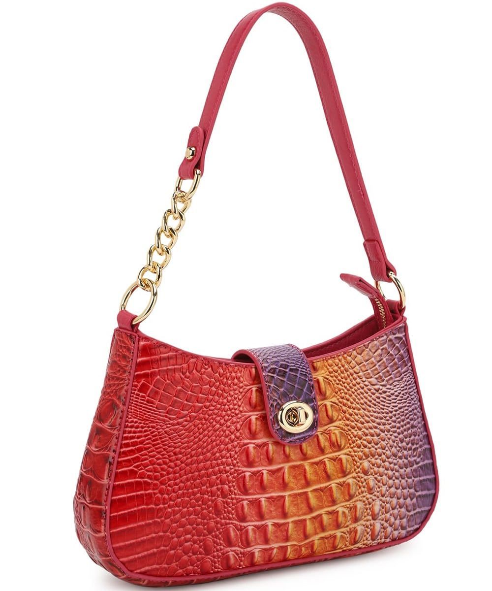 Lady Vi- Red Crocodile Tie-dyed Satchel Gold V Accent